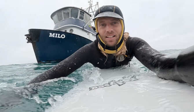 Conklin departs his temporary home to paddle into Alaska's frigid waters. Photo: Skid Kids // YouTube