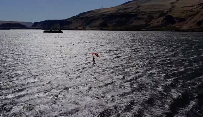 Adam Bennetts surfing a foil in Hood River