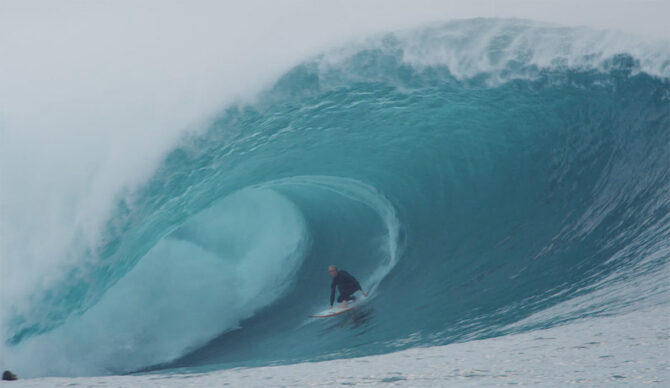 Russell Bierke on a wave at the Bombie