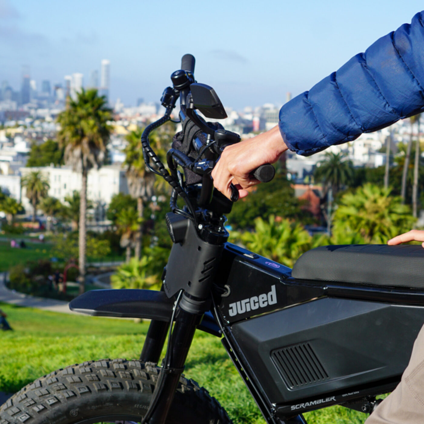 handlebar up close of the juiced scrambler