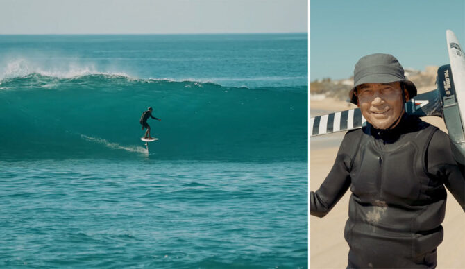 Gerry lopez on hydrofoil surfboard
