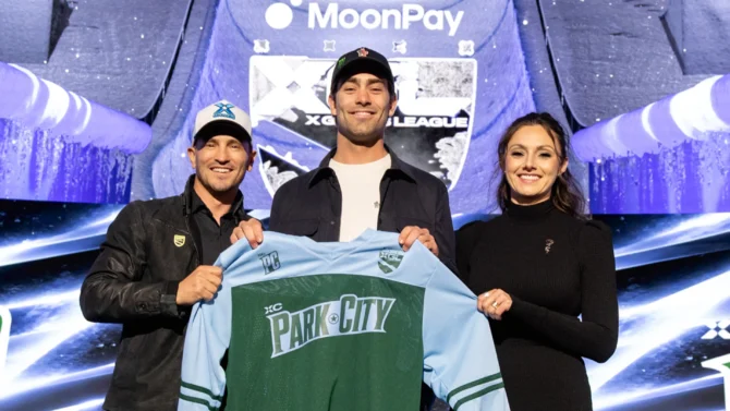 Skier Alex Hall (center) with XC Park City Sharalee Hazen (right) and X Games CEO Jeremy Bloom (Left) Photo: Jen Rosenstein