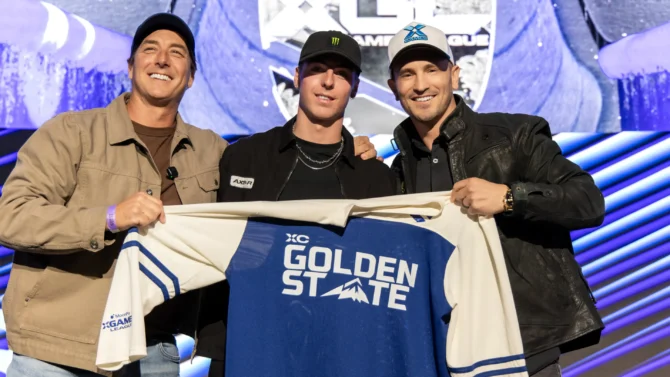 Skier Luca Harrington (center) with XC Golden State GM Johnny Moseley (left) and X Games CEO Jeremy Bloom (Right) Photo: Jen Rosenstein