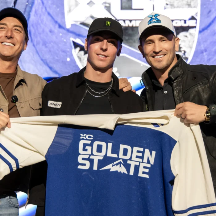 Skier Luca Harrington (center) with XC Golden State GM Johnny Moseley (left) and X Games CEO Jeremy Bloom (Right) Photo: Jen Rosenstein