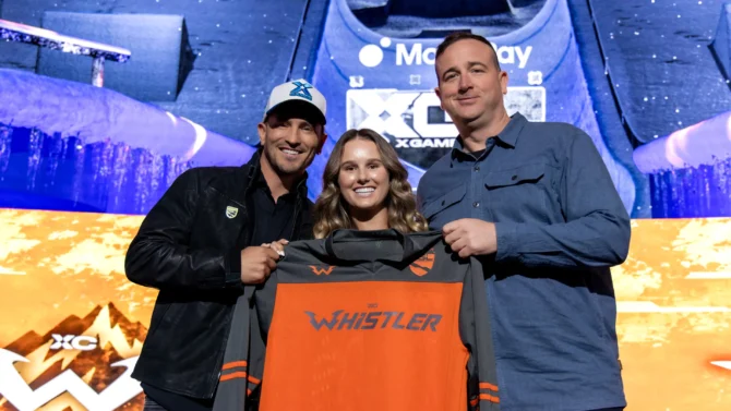 Skier Megan Oldham with XC Whistler GM Ryan Stutt (left) and X Games CEO Jeremy Bloom (Right) Photo: Jen Rosenstein