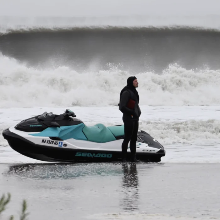 Ben Gravy on New Jersey beach with Jet Ski